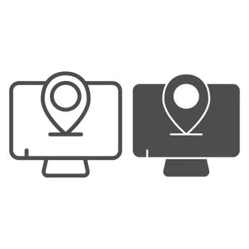 Monitor location line and glyph icon. Screen with pin vector illustration Illustrazione stock