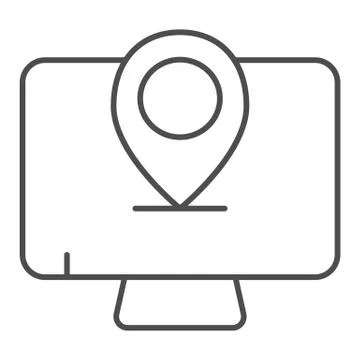 Monitor location thin line icon. Screen with pin vector illustration isolated on Stock Illustration