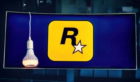 Monitor logo Rockstar Games software house producer of video games, famous for Stock Photos