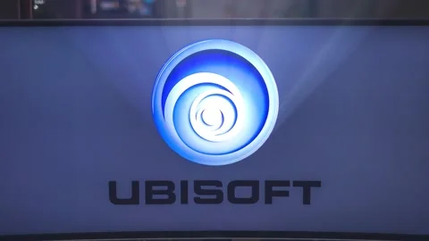 Monitor logo Ubisoft software house producer of video games, famous for Assassin Stock Footage 196151300