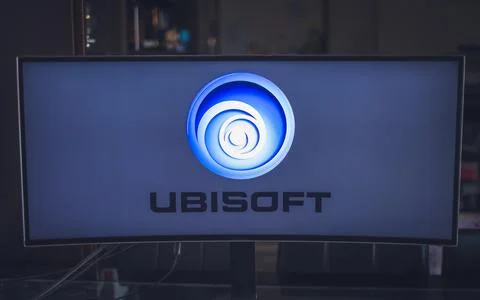 Monitor logo Ubisoft software house producer of video games, famous for Assassin Stock Photos