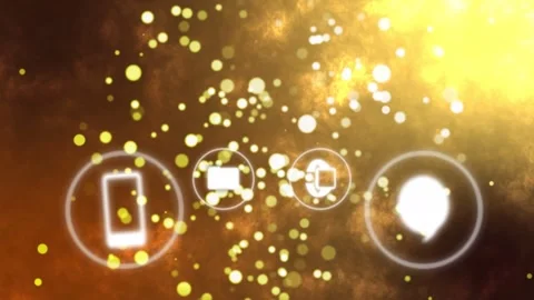 Monitor, mail, phone icons emerging from particle field, sliding into midline, Stock Footage 333105574