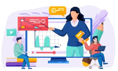 A monitor with a math video. Geometry learning vector illustration. Students 库存插图