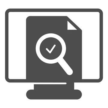 Monitor monoblock with document file and loupe solid icon, documents concept Stock Illustration
