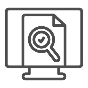 Monitor monoblock with document file and loupe line icon, documents concept, web Stock Illustration