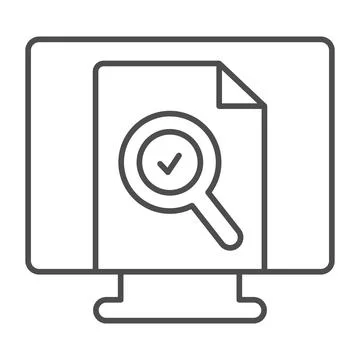 Monitor monoblock with document file and loupe thin line icon, documents concept Illustrazione stock