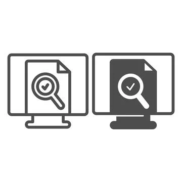Monitor monoblock with document file and loupe line and solid icon, documents Stock Illustration