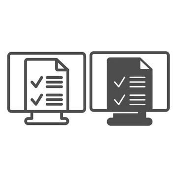 Monitor, monoblock with file document with ticks line and solid icon, documents Stock Illustration