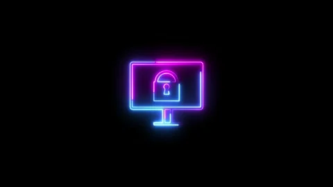 Monitor with neon line lock icon animation on black background. technology .. Stock Footage 293483900