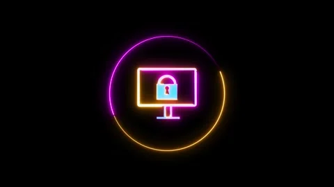 Monitor with neon line lock icon animation on black background. technology .. Stock Footage 293483904