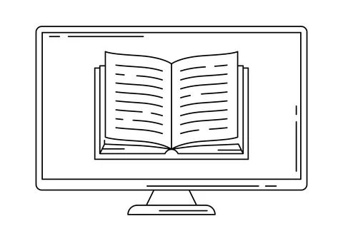Monitor with open book. Digital library concept. Ilustración de archivo