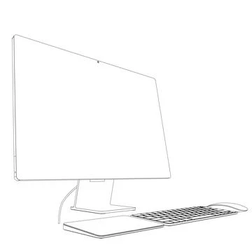 Monitor PC mockup. Outline thin frame monitor or PC with mouse and keyboard Illustrazione stock