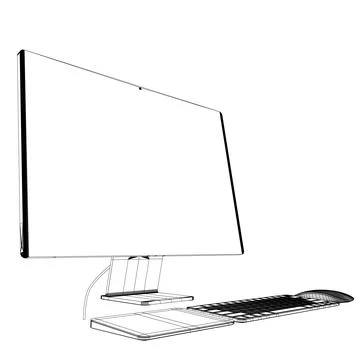 Monitor PC mockup. Wireframe thin frame monitor or PC with mouse and keyboard Stock Illustration