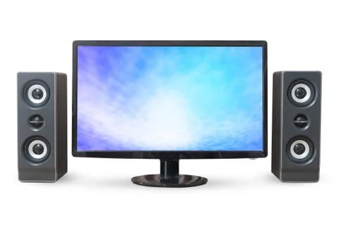 Monitor PC sky landscape and sound woofer isolated on white background. Stock Illustration
