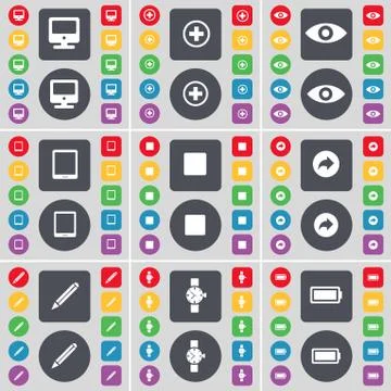 Monitor, Plus, Vision, Tablet PC, Media stop, Back, Pencil, Wrist watch, Battery Stock Illustration