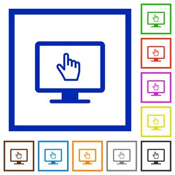 Monitor with pointing cursor flat framed icons Stock Illustration