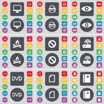 Monitor, Printer, Vision, Campfire, Stop, Router, DVD, File, Notebook icon symbo Stock Illustration