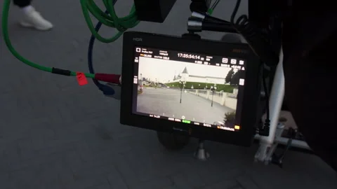 Monitor reveals stone facade shaped like historic castle Stock Footage 321944698