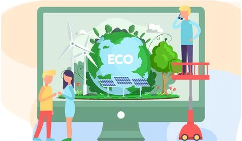 Monitor screen with alternative sources of energy. People work with green Illustrazione stock