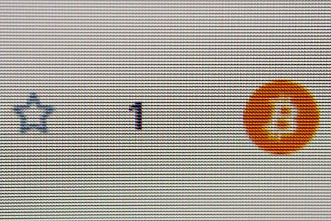 Monitor screen, bitcoin number 1. Pixels on the screen, macro. Stock-Fotos