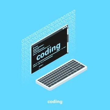 Monitor screen with code and keyboard, isometric image 库存插图
