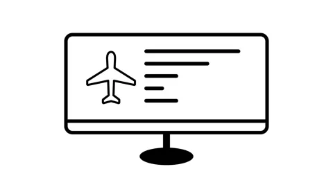 Monitor screen icon displaying airplane symbol with text lines animation Stock Footage 341384439