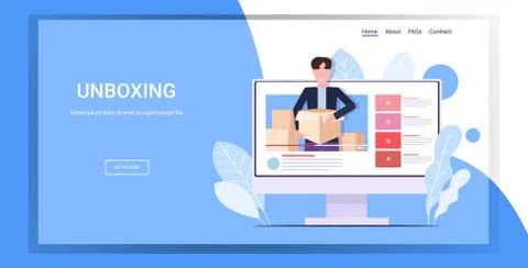 Monitor screen with man blogger opening parcel box recording unboxing video l Stock Illustration