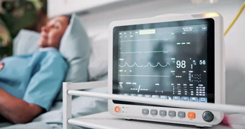 Monitor, screen or patient with vital signs in ICU for healthcare, treatment or Stock Footage 341563490