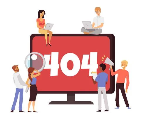 Monitor screen showing 404 page not found error warning. Men and women sitting Stock Illustration