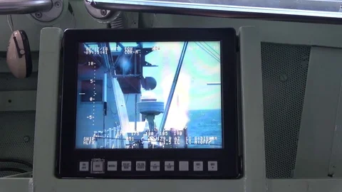 Monitor screen view of HMCS Vancouver firing missile Video stock 92519977