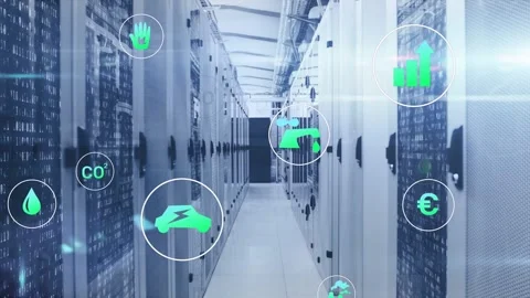 Monitor sending telemetry in data center aisle, green icons drifting and showing Stock Footage 332577557