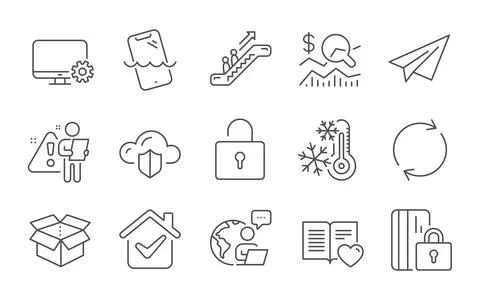 Monitor settings, Lock and Check investment icons set. Vector Stock Illustration