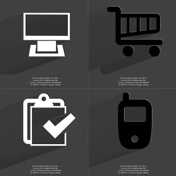 Monitor, Shopping cart, Task completed icon, Mobile phone. Symbols with long sha Illustrazione stock