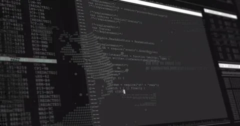 Monitor showing dotted globe and code editor, crop shifting right, cursor adding Stock-Fotos