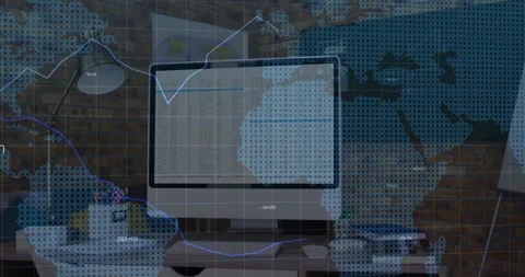 Monitor showing spreadsheet starting bars growing, grid and map appearing Stock Footage 312639023