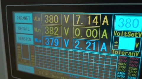 Monitor shows current power consumption expressed in amps and volts Video stock 333325077