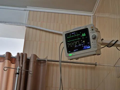 The monitor shows the work of the heart in intensive care Stock Photos