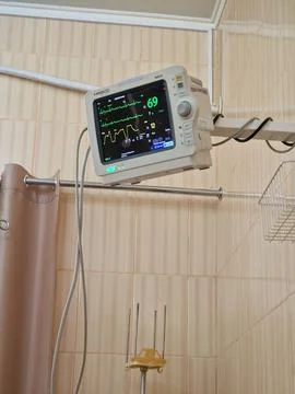 The monitor shows the work of the heart in intensive care Stock Photos