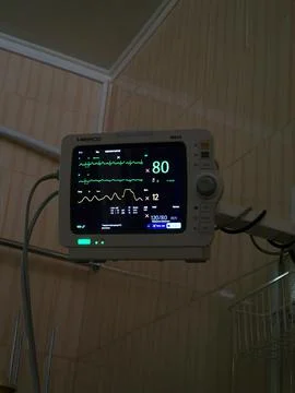 The monitor shows the work of the heart in intensive care Stock Photos