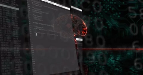 Monitor sliding in, revealing code, neural graphic pulsing and syncing, Stock Footage 331756261