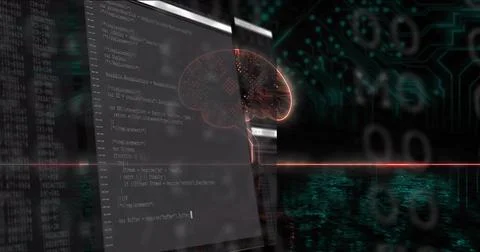 Monitor sliding in, revealing code, neural graphic pulsing and syncing, Stock Illustration