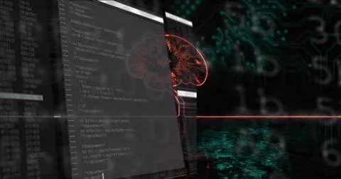 Monitor sliding in, revealing code, neural graphic pulsing and syncing, Stock Illustration
