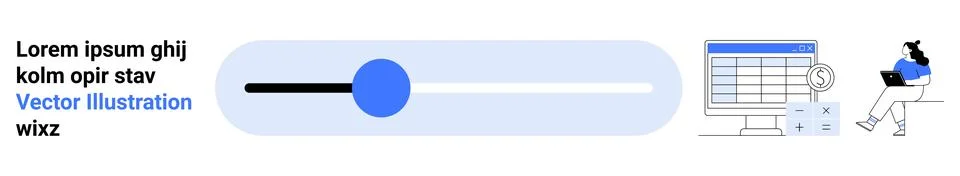 Monitor with a spreadsheet, person using a laptop, progress bar, and placehol Illustrazione stock