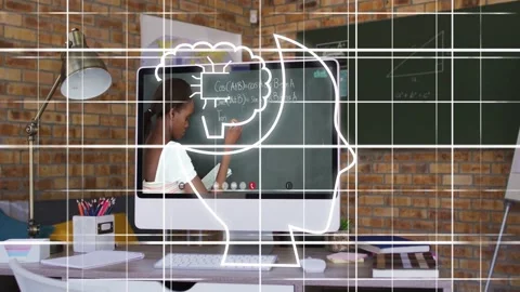 Monitor teacher writing formulas, grid appearing, neon head sketching with AI Stock Footage 333351157