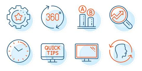 Monitor, Time and Web tutorials icons set. 360 degrees, Ab testing and Face id 스톡 일러스트