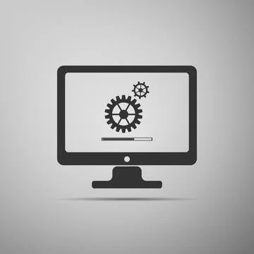 Monitor update process with gearbox progress and loading bar icon on grey 스톡 일러스트
