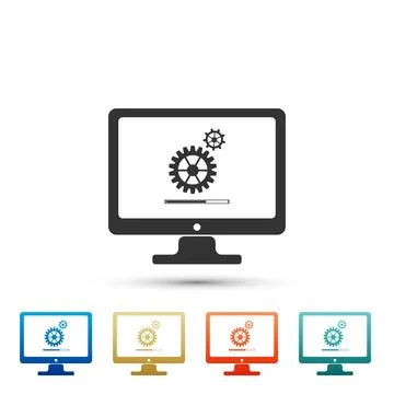 Monitor update process with gearbox progress and loading bar icon isolated on 스톡 일러스트