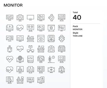 Monitor Vector Icon Collection featuring 40 Pixel Optimized 128x128 Thin Li.. Stock Illustration