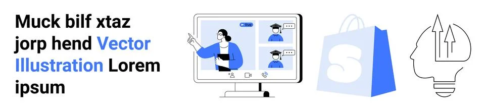 A monitor with video call elements, a shopping bag with an S, and a head silh Stockillustratie
