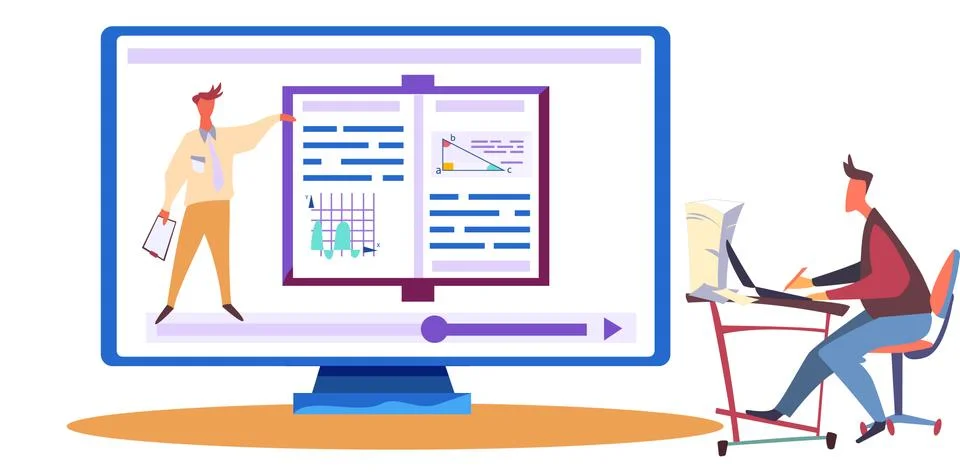 A monitor with a video math lesson. Geometry learning illustration. Online class Stockillustratie